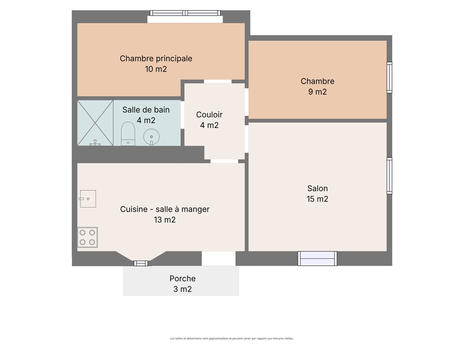 Plan schématique du niveau principal : salon 15 m², cuisine-salle à manger 13 m², deux chambres de 10 et 9 m², salle de bains, couloir et porche.